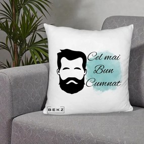 Cadou pentru Cumnat - Perna Personalizata Cel mai Bun Cumnat cu Portret Barbat si Pete Teal, 40x40 cm, Alb Pufos, Husa Detasabila, Perna Inclusa, BEKZ®