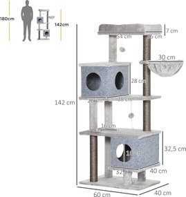 PawHut Copac de zgâriat, două căsuțe, două platforme, bilă de joacă, coș pentru odihnă, protecție anti-răsturnare, sisal, gri, 60 x 40 x 142 cm | Aosom Romania