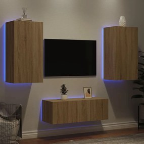 vidaXL Unități de perete TV cu LED-uri, 4 piese, stejar sonoma, lemn