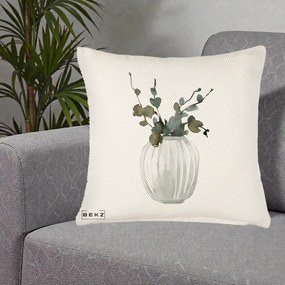 Perna Decorativa Vaza cu Eucalipt Watercolor, 40x40 cm, Crem Reliefat, Husa Detasabila, Perna Inclusa, BEKZ®