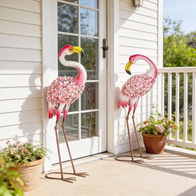 Outsunny Set 2 statuete Flamingo pentru grădină, păsări metalice cu pene florale, sculpturi cu țăruși de ancorare, Roșu | Aosom Romania