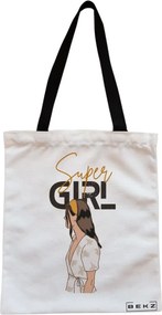 Sacosa de Panza pentru Cumparaturi, Geanta Tote, model Super Girl, Cu fermoar, 38x34.5 cm, Alba, BEKZ®