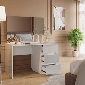 Masuta machiaj cu Oglinda LED si 3 Sertare pentru Cosmetice, Set Masa toaleta 120 cm, Alb Lucios, masuta cosmetica, vanity - SEA805