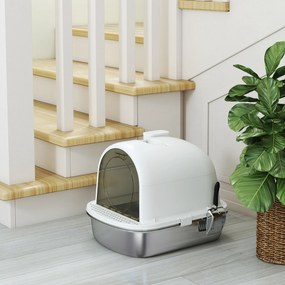 PawHut Arenero pentru Pisici din Oțel Inoxidabil cu Acoperitor Sac Deodorizant Lopată Ușor de Curățat 52,4x41,3x39,9 cm Alb | Aosom Romania