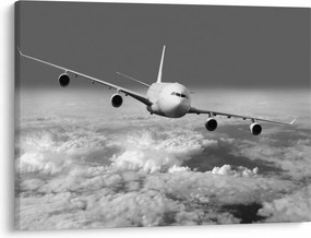 Tablou - Avion în nori, alb și negru (70x50 cm)