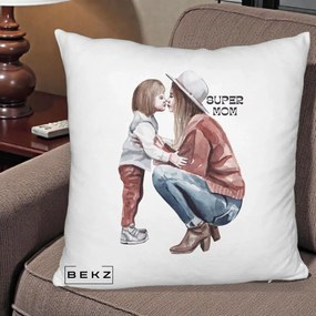 Cadou pentru Mama - Perna Personalizata Super Mom Acuarela, 40x40 cm, Alb Pufos, Husa Detasabila, Perna Inclusa, BEKZ®