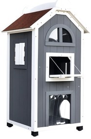 PawHut Casa pentru pisici cu pat sau litieră pentru pisici, dulap pentru pisici, toaletă pentru pisici în interior, lemn de brad, acoperiș de asfalt, Gri, 59 x 55 x 109 cm | Aosom Romania