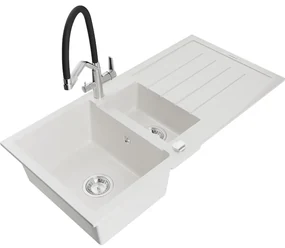 Mexen Andres Chiuvetă de granit de 1,5 compartiment cu picurător și baterie de bucătărie Duo, Albă - 6515-20-671701-07