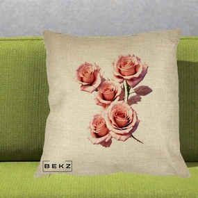Perna Decorativa Trandafiri Roz Pastel Acuarela, 40x40 cm, Crem, Husa Detasabila, Perna Inclusa, BEKZ®