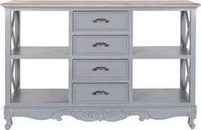 Comodă cu sertare shabby chic din lemn de paulownia, gri și natur, cu 4 sertare, 4 rafturi deschise și decor sculptat, 84,5 x 132 x 40 cm, „Auria”
