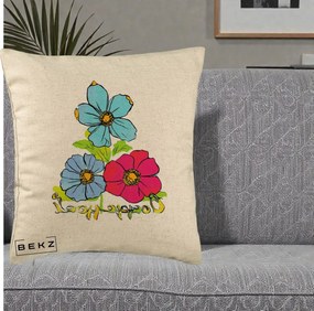 Perna Decorativa Trei Flori Grafice Pop Art, 40x40 cm, Bej, Husa Detasabila, Perna Inclusa, BEKZ®