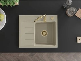 Mexen Ben chiuvetă de granit cu 1 compartiment și scurgător, dreapta 600 x 500 mm, bej, sifon auriu - 6523605000-69-G