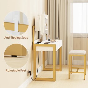 HOMCOM Masă de machiaj cu oglindă și taburet, stație de încărcare, masă de machiaj cu 2 sertare, 3 rafturi deschise, alb | Aosom Romania