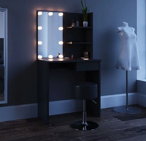 Masuta machiaj cu Oglinda LED si 1 Sertar pentru Cosmetice, Set Masa toaleta 75 cm, Negru, masuta cosmetica, vanity - SEN224