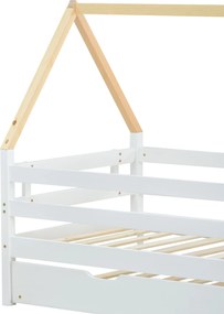 Pat tip căsuță cu pat extensibil și roți, fără saltea, din lemn, 90x200 &amp; 90x190 cm, Alb