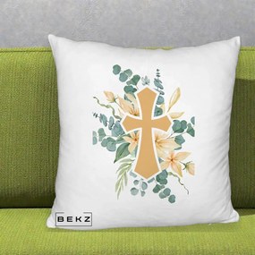 Perna Personalizata Cruce Florala Botez, 40x40 cm, Alb Pufos, Husa Detasabila, Perna Inclusa, BEKZ®