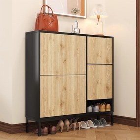 Dulap pentru pantofi cu taburet pentru schimbarea pantofilor, 3 compartimente cu suprafețe de depozitare, 100x25x100 cm, Negru+Culoare naturală