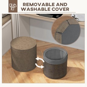 HOMCOM Taburet Rotund 2 în 1 cu Husă Detașabilă, Suport pentru Picioare din Material cu Aspect de In, Ø41x41 cm, Maro | Aosom Romania