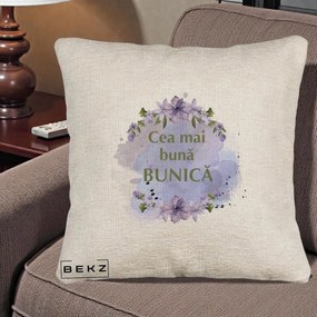Cadou pentru Bunica - Perna Personalizata Cea Mai Buna Bunica Flori Mov Acuarela Auriu, 40x40 cm, Bej Canapea, Husa Detasabila, Perna Inclusa, BEKZ®