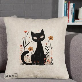 Perna Decorativa Pisica Neagra Flori Pastel Folk, 40x40 cm, Bej Canapea, Husa Detasabila, Perna Inclusa, BEKZ®
