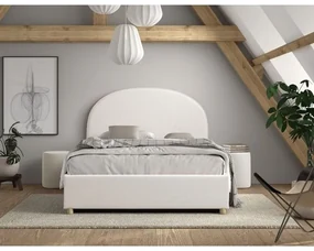 Set MOON: pat tapițat 140 x 200 cm alb cu țesătură bouclé și spațiu de depozitare + taburet alb multifuncțional – Vipack