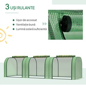Outsunny Seră de Grădină Tip Tunel din Oțel și Plastic PP, cu Uși Rulabile, 295x100x80 cm, Verde | Aosom Romania