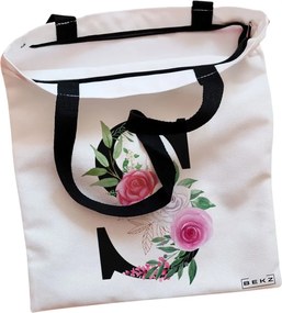 Sacosa de Panza pentru Cumparaturi, Geanta Tote, Cu litera S si Trandafiri, Cu fermoar, 38x34.5 cm, Alba, BEKZ®