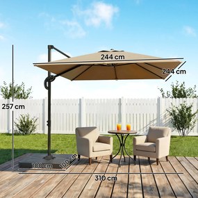Outsunny Parasol cu braț lateral pătrat parasol de grădină exterior bază și plăci de umplere stâlp aluminiu protecție UV50+2,4x2,4m kaki | Aosom Romania
