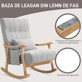 HOMCOM Fotoliu cu balansoar cu pernă lombară, șezut larg, ramă din lemn, până la 120 kg, Gri | Aosom Romania