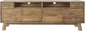 Comodă TV living din lemn reciclat, natur, cu 4 uși, 2 sertare, 2 nișe deschise și picioare oblice, finisaj antichizat, 65 x 180 x 48 cm, „Aubeline”