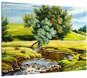 Tablou pe sticlă - Râu între câmpii, pictură în ulei (70x50 cm)