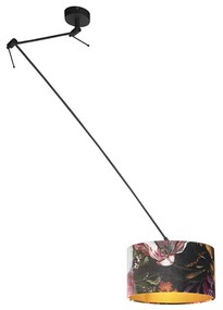 Lampă suspendată neagră cu abajur din catifea cu flori aurite 35 cm - Blitz