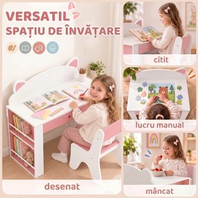 AIYAPLAY Set masă și scaun pentru copii, 3-8 ani, cu bibliotecă laterală, sertar și design vulpiță, alb | Aosom Romania
