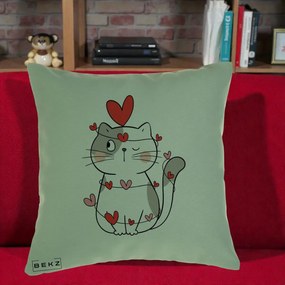 Perna Decorativa Pisica Kawaii cu Inimi, 40x40 cm, Verde, Husa Detasabila, Perna Inclusa, BEKZ®