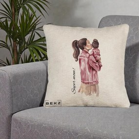 Cadou pentru Mama - Perna Personalizata Super Mom Jachete Roz, 40x40 cm, Bej Canapea, Husa Detasabila, Perna Inclusa, BEKZ®