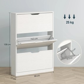 HOMCOM Dulap Subțire cu 3 Uși Rabatabile, pentru 12 Perechi de Pantofi, 80x17x108 cm, Alb | Aosom Romania