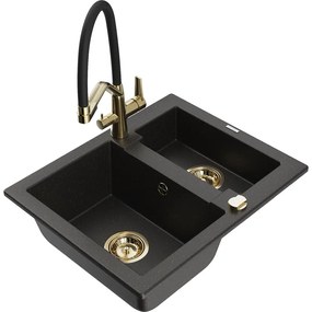 Mexen Carlos chiuvetă de granit 1,5 camere cu baterie de bucătărie Duo, negru/auriu metalic - 6518-75-671701-57-G
