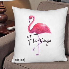 Perna Decorativa Flamingo Acuarela, 40x40 cm, Alb Pufos, Husa Detasabila, Perna Inclusa, BEKZ®