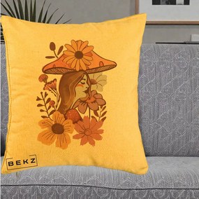 Perna Decorativa Fata Ciuperca Florala Boho, 40x40 cm, Galben, Husa Detasabila, Perna Inclusa, BEKZ®