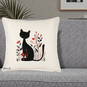 Perna Decorativa Pisica Neagra Flori Rosii Folk Minimal, 40x40 cm, Crem Reliefat, Husa Detasabila, Perna Inclusa, BEKZ®