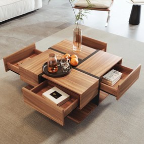 Masă de cafea cu 4 sertare, design unic de culori și linii, spațiu de depozitare inferior, 78×78×36 cm, Natural