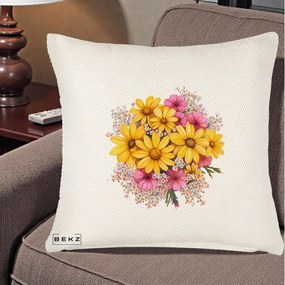 Perna Decorativa Floarea-Soarelui cu Cosmos Roz si Gypsophila, 40x40 cm, Crem Reliefat, Husa Detasabila, Perna Inclusa, BEKZ®