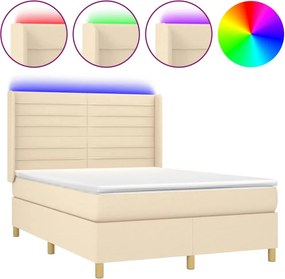 vidaXL Pat cu arcuri, saltea și LED, crem, 140x190 cm, textil