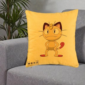 Perna Personalizata Meowth Pokemon, 40x40 cm, Galben, Husa Detasabila, Perna Inclusa, BEKZ®