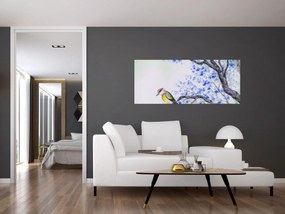 Tablou - Pasăre pe un copac cu flori albastre (120x50 cm)