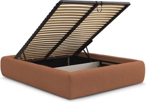 Pat matrimonial portocaliu tapițat cu spațiu de depozitare/fără tăblie cu somieră 180x200 cm Inera – Bobochic Paris