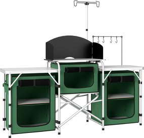 Outsunny Mobilier de Bucătărie pentru Camping Pliabil cu 3 Blaturi, 4 Cârlige, Stâlp de Lumină și Husă de Transport 172x48x119 cm Verde | Aosom Romania