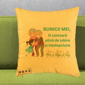 Cadou pentru Bunici - Perna Personalizata Bunicii Mei Comoara Iubire Intelepciune Nepoata, 40x40 cm, Galben, Husa Detasabila, Perna Inclusa, BEKZ®