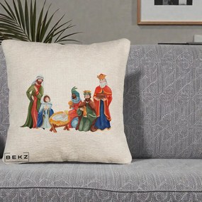 Perna Decorativa Nasterea Domnului Cei Trei Magi Acuarela, 40x40 cm, Bej Canapea, Husa Detasabila, Perna Inclusa, BEKZ®