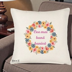 Cadou pentru Bunica - Perna Personalizata Cea Mai Buna Bunica Coronita Flori Multicolore, 40x40 cm, Crem Reliefat, Husa Detasabila, Perna Inclusa, BEKZ®